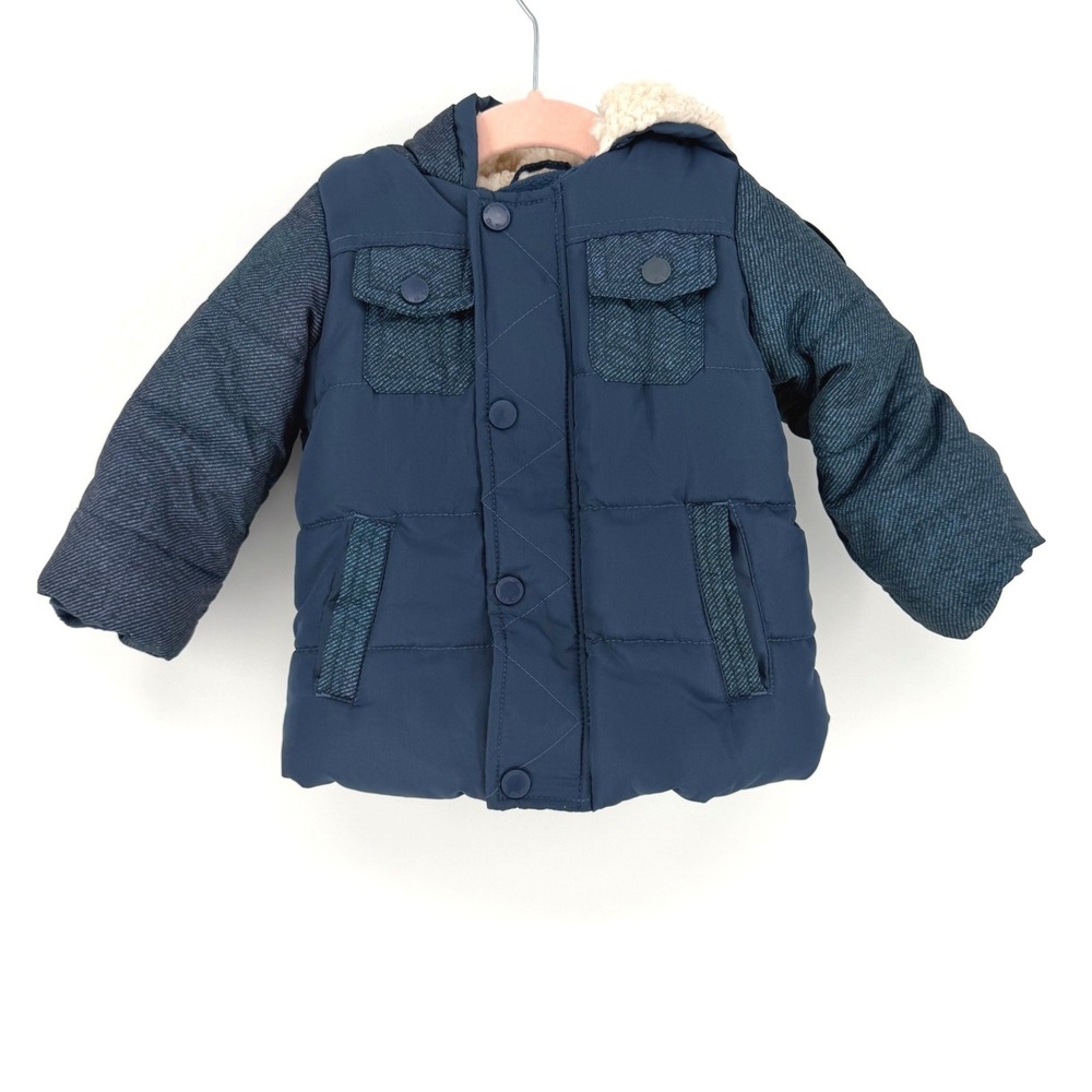 Ben Sherman Puffer Jacket Hooded 12M Blue Mixed Media Herringbone Fleece Lined